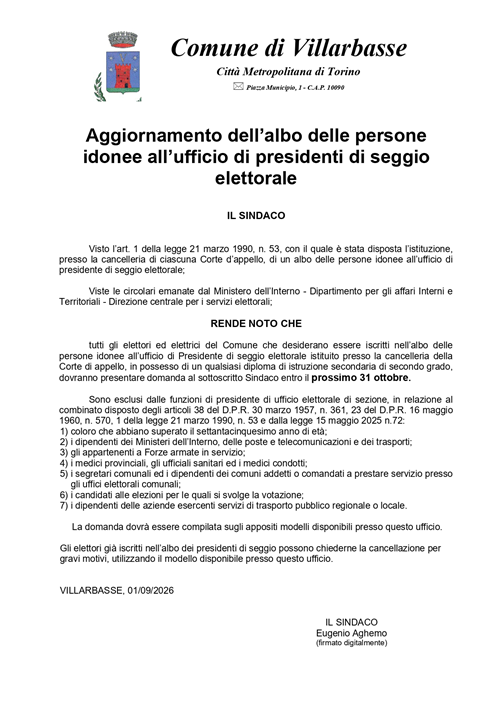 Aggiornamento dellalbo delle persone idonee allufficio di presidenti di seggio elettorale


