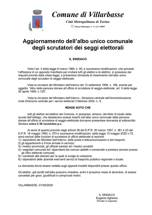 Aggiornamento dellalbo unico comunale degli scrutatori dei seggi elettorali