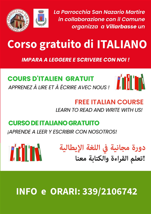 La parrocchia San Nazario Martire in collaborazione con il Comune organizza a Villarbasse un corso gratuito di italiano
