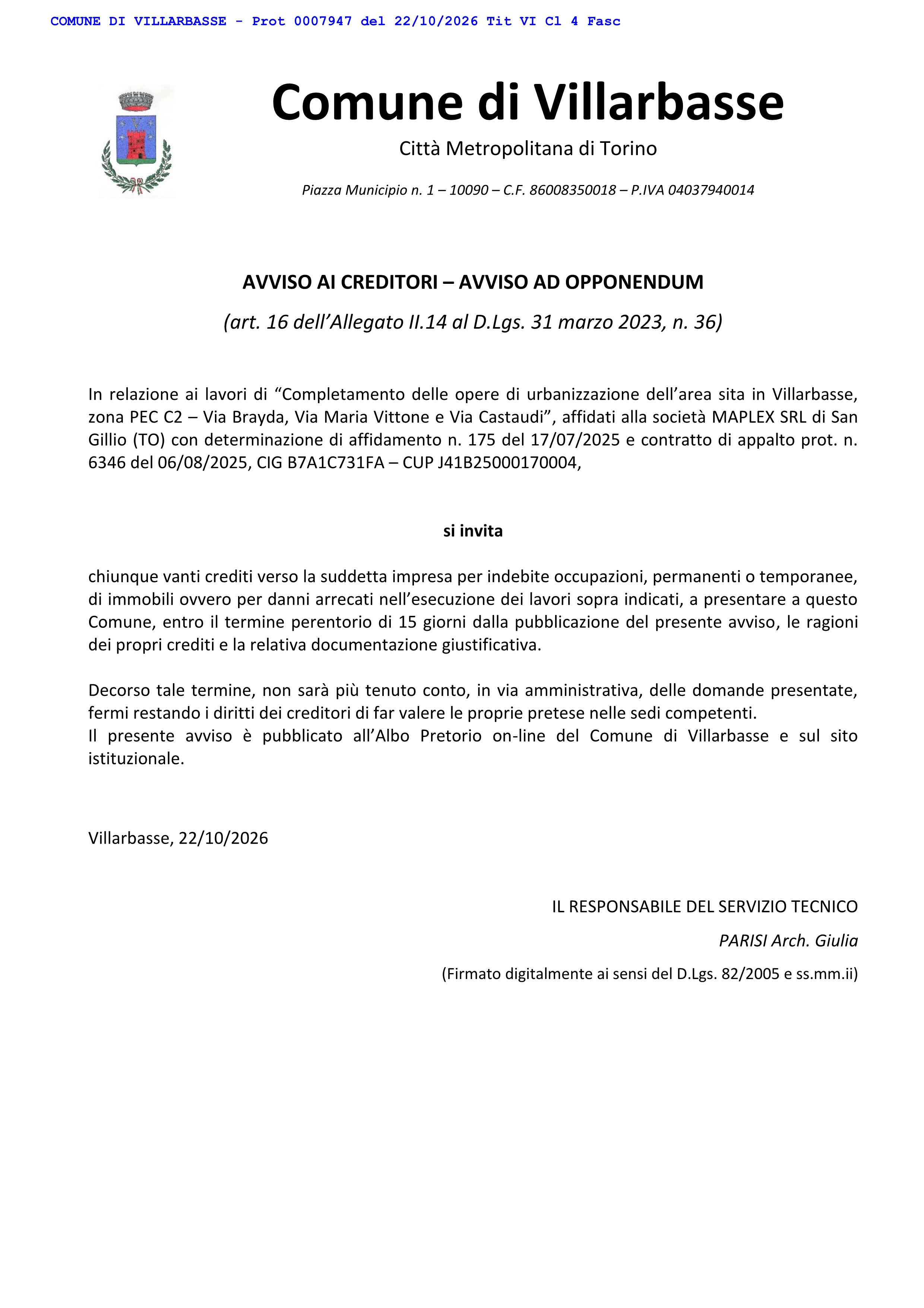 Avviso ad opponendum - Avviso ai creditori